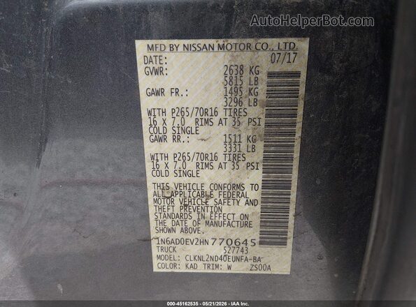 1N6AD0EV2HN770645 2017 NISSAN FRONTIER Gray Вид підкапотного простору