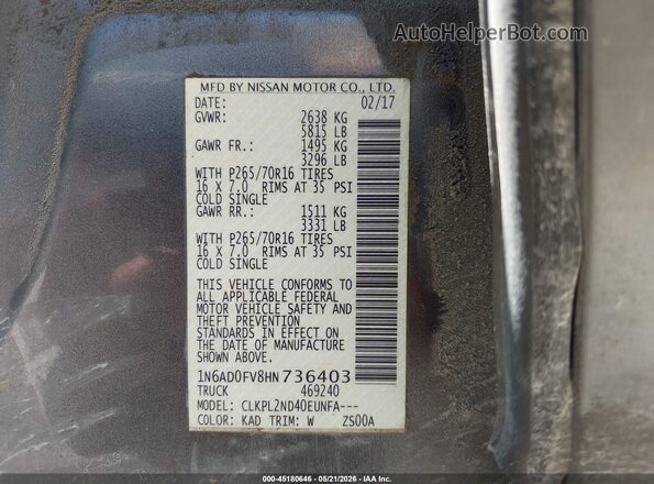 1N6AD0FV8HN736403 2017 NISSAN FRONTIER Gray ძრავის განყოფილების ხედი