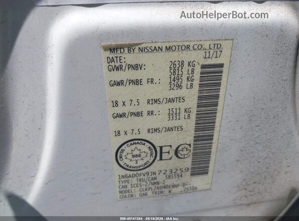 1N6AD0FV9JN723259 2018 NISSAN FRONTIER White Вид підкапотного простору