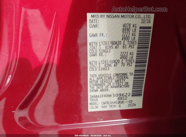 1N6BA1F40HN509622 2017 NISSAN TITAN XD Burgundy Շարժիչի բաժամունքի տեսք