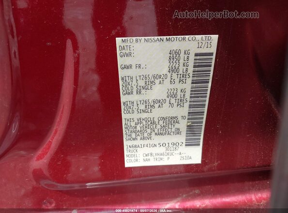 1N6BA1F41GN501902 2016 NISSAN TITAN XD Red Вид підкапотного простору