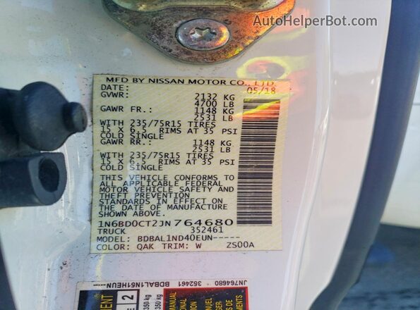 1N6BD0CT2JN764680 2018 NISSAN FRONTIER White Вид підкапотного простору