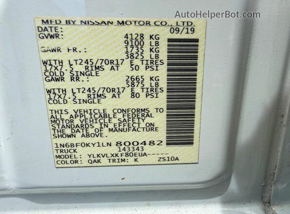 1N6BF0KY1LN800482 2020 NISSAN NV White 