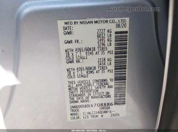 1N6ED0EB0LN708886 2020 NISSAN FRONTIER Silver ძრავის განყოფილების ხედი