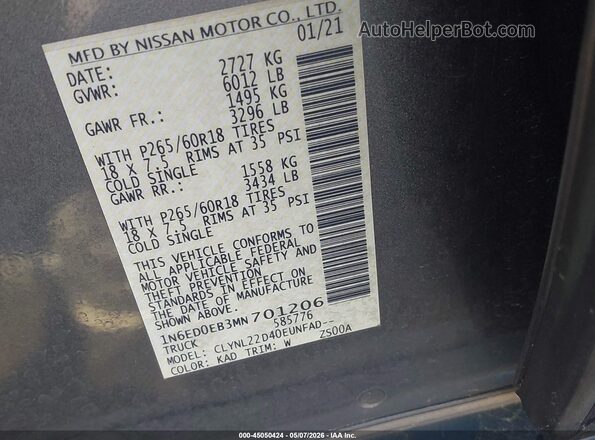 1N6ED0EB3MN701206 2021 NISSAN FRONTIER Gray Widok komory silnika