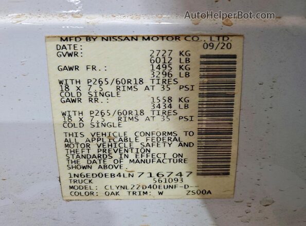 1N6ED0EB4LN716747 2020 NISSAN FRONTIER White VIN կոդի պիտակի տեսք