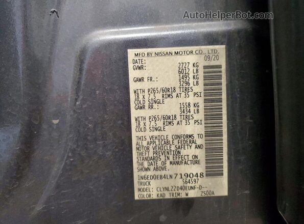 1N6ED0EB4LN719048 2020 NISSAN FRONTIER Серый Вид наклейки с VIN-кодом