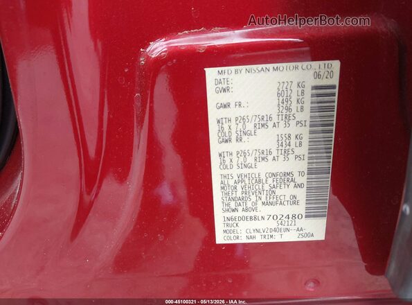 1N6ED0EB8LN702480 2020 NISSAN FRONTIER Red Engine compartment view