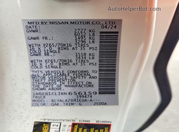 1N6ED1CL1RN656159 2024 NISSAN FRONTIER White Engine compartment view
