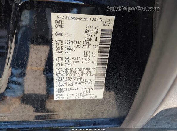 1N6ED1EJ4NN619998 2022 NISSAN FRONTIER Black Vista del compartimento del motor