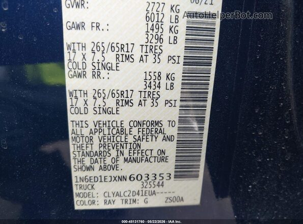1N6ED1EJXNN603353 2022 NISSAN FRONTIER Blue Vista del compartimento del motor