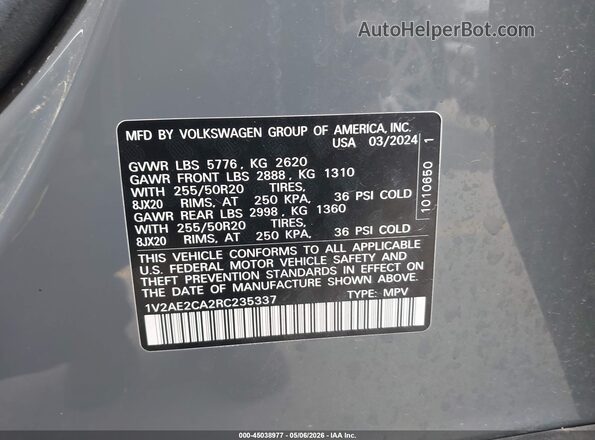 1V2AE2CA2RC235337 2024 VOLKSWAGEN ATLAS Gray 