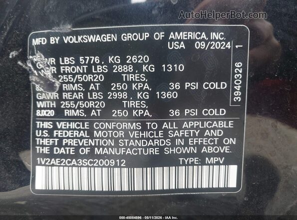 1V2AE2CA3SC200912 2025 VOLKSWAGEN ATLAS Black Engine compartment view