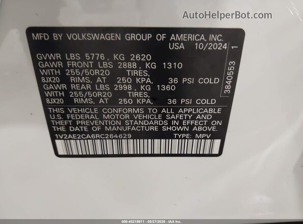 1V2AE2CA6RC264629 2024 VOLKSWAGEN ATLAS White Շարժիչի բաժամունքի տեսք