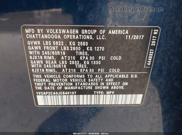 1V2AP2CA0JC540107 2018 VOLKSWAGEN ATLAS Синий Вид подкапотного пространства