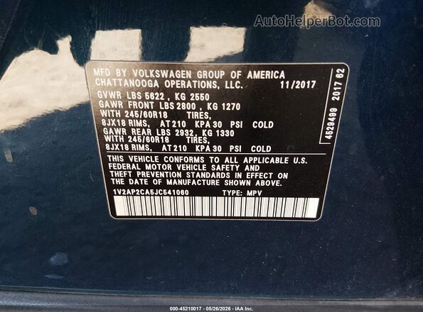 1V2AP2CA5JC541060 2018 VOLKSWAGEN ATLAS Blue Շարժիչի բաժամունքի տեսք