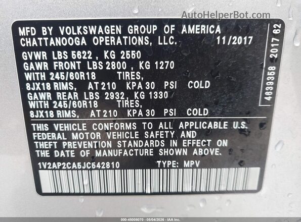1V2AP2CA5JC542810 2018 VOLKSWAGEN ATLAS Silver 