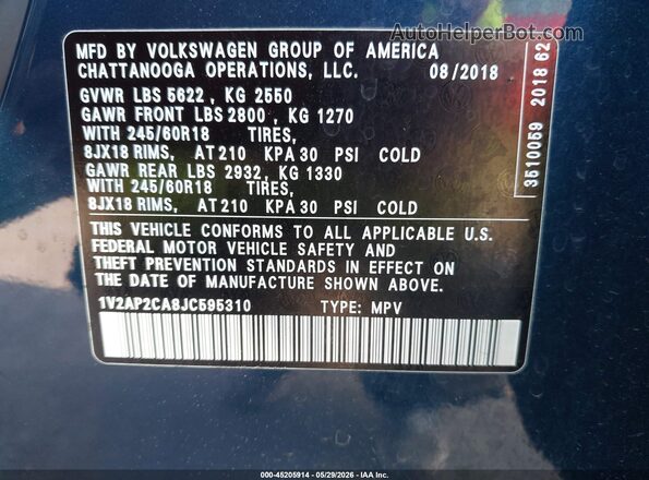 1V2AP2CA8JC595310 2018 VOLKSWAGEN ATLAS Blue Engine compartment view