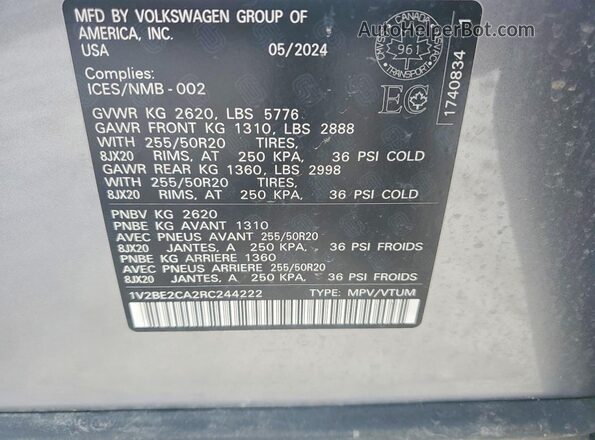 1V2BE2CA2RC244222 2024 VOLKSWAGEN ATLAS Серебряный Вид наклейки с VIN-кодом