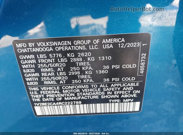 1V2BE2CA4RC222769 2024 VOLKSWAGEN ATLAS Blue Vista del compartimento del motor
