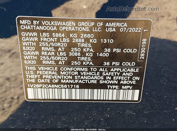 1V2BP2CA6NC561716 2022 VOLKSWAGEN ATLAS Синий Вид подкапотного пространства
