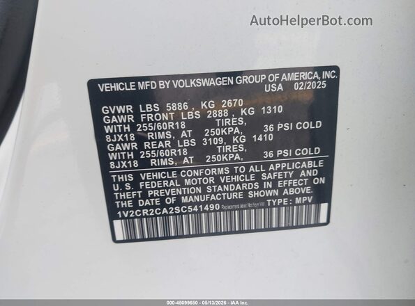 1V2CR2CA2SC541490 2025 VOLKSWAGEN ATLAS White Շարժիչի բաժամունքի տեսք