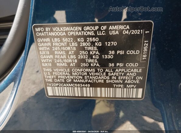 1V2DP2CAXMC583449 2021 VOLKSWAGEN ATLAS Синий Вид подкапотного пространства