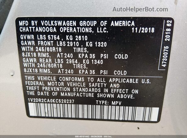1V2DR2CA0KC520237 2019 VOLKSWAGEN ATLAS Серебряный 