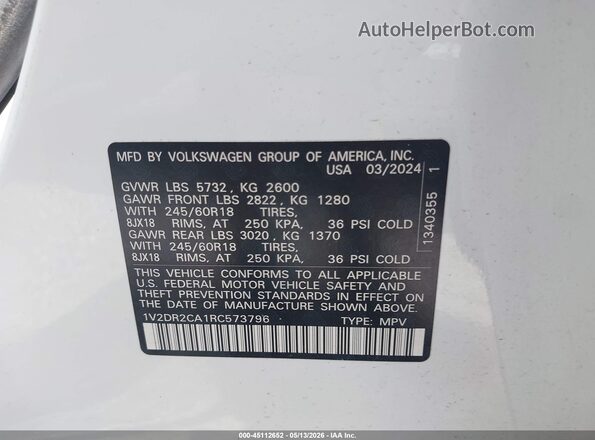 1V2DR2CA1RC573796 2024 VOLKSWAGEN ATLAS Белый Вид подкапотного пространства