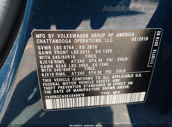 1V2DR2CA2KC549979 2019 VOLKSWAGEN ATLAS Blue Շարժիչի բաժամունքի տեսք
