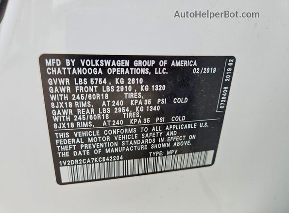 1V2DR2CA7KC542204 2019 VOLKSWAGEN ATLAS Белый 