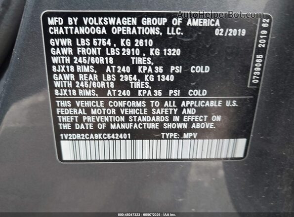 1V2DR2CA9KC542401 2019 VOLKSWAGEN ATLAS Gray ძრავის განყოფილების ხედი