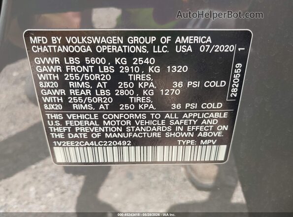 1V2EE2CA4LC220492 2020 VOLKSWAGEN ATLAS Gray ძრავის განყოფილების ხედი