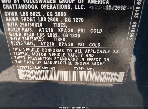 1V2EP2CA8JC599942 2018 VOLKSWAGEN ATLAS Blue Vista del compartimento del motor