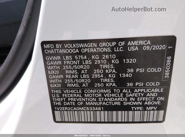 1V2ER2CA0MC533481 2021 VOLKSWAGEN ATLAS White Вид підкапотного простору
