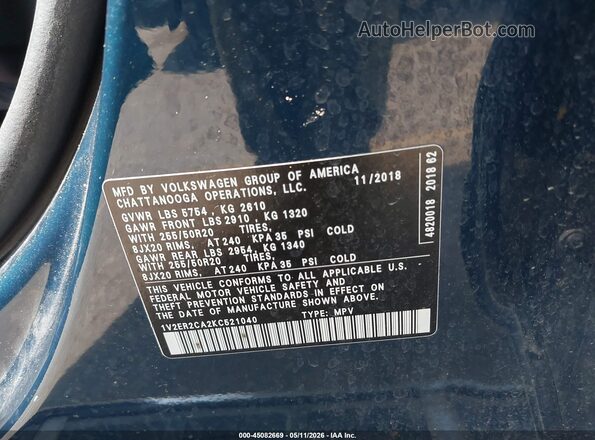 1V2ER2CA2KC521040 2019 VOLKSWAGEN ATLAS Blue Widok komory silnika