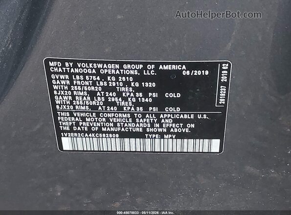 1V2ER2CA4KC582809 2019 VOLKSWAGEN ATLAS Gray 