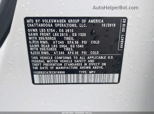 1V2ER2CA7KC615656 2019 VOLKSWAGEN ATLAS Белый Вид подкапотного пространства