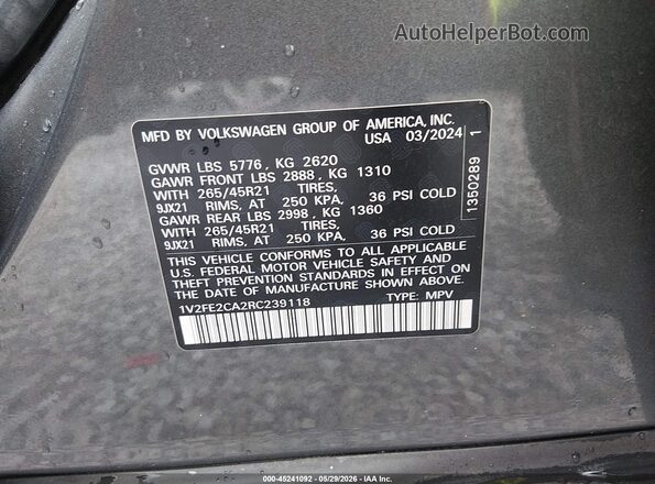 1V2FE2CA2RC239118 2024 VOLKSWAGEN ATLAS Gray Вид підкапотного простору