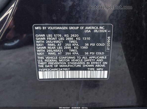 1V2FE2CA6RC247657 2024 VOLKSWAGEN ATLAS Black Շարժիչի բաժամունքի տեսք