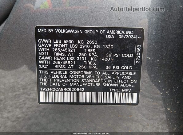 1V2FR2CA8RC620962 2024 VOLKSWAGEN ATLAS Silver Engine compartment view