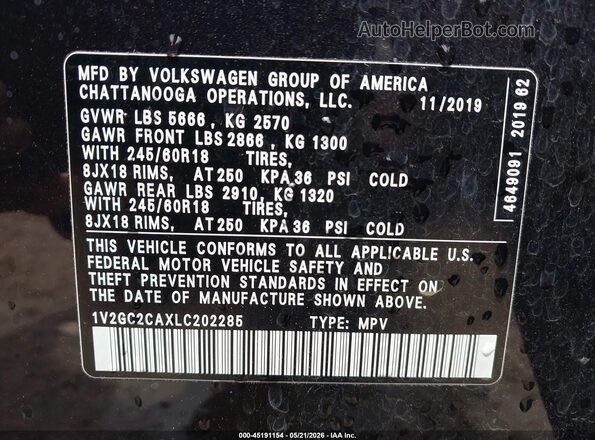 1V2GC2CAXLC202285 2020 VOLKSWAGEN ATLAS Black Widok komory silnika