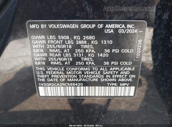 1V2GR2CA2RC566420 2024 VOLKSWAGEN ATLAS Black Engine compartment view