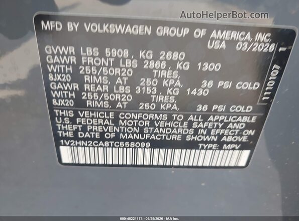 1V2HN2CA8TC558099 2026 VOLKSWAGEN ATLAS Gray Vista del compartimento del motor