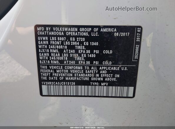 1V2HR2CA0JC513126 2018 VOLKSWAGEN ATLAS Белый Вид подкапотного пространства