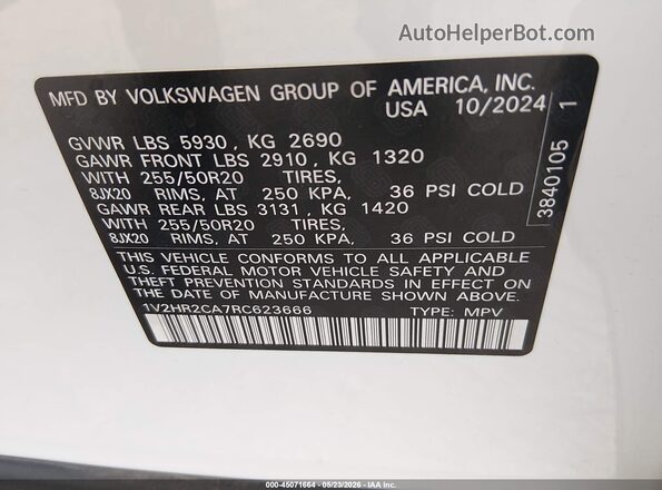 1V2HR2CA7RC623666 2024 VOLKSWAGEN ATLAS White Vista del compartimento del motor