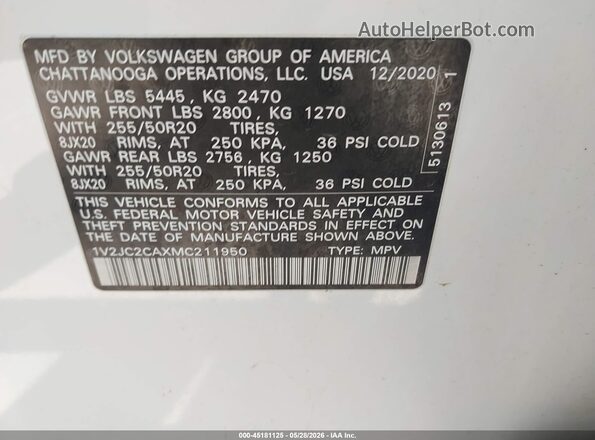 1V2JC2CAXMC211950 2021 VOLKSWAGEN ATLAS White Vista del compartimento del motor