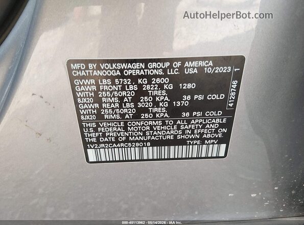1V2JR2CA4RC529018 2024 VOLKSWAGEN ATLAS Silver Շարժիչի բաժամունքի տեսք