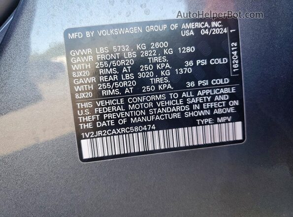 1V2JR2CAXRC580474 2024 VOLKSWAGEN ATLAS Gray Widok naklejki z numerem VIN