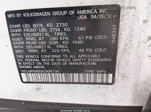 1V2JSPE8XSC008130 2025 VOLKSWAGEN ID.4 Белый Вид подкапотного пространства